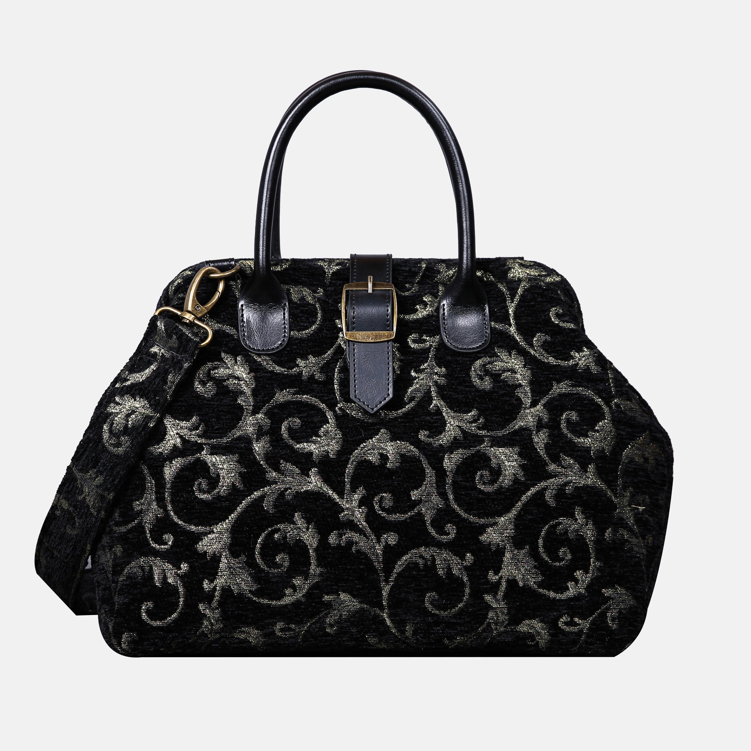 Handsewn Carpet Purse-Mary Poppins Carpet Bag-Everyday Carry Shoulder Bag-Vintage Scroll Black Green