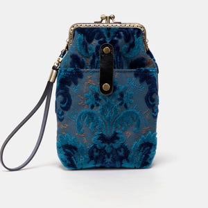 Handsewn Carpet Phone Case Passport Holder-Vintage Double Kiss Lock Phone Bag-Vintage Travel Phone Pouch- Burnout Velvet Revival Aqua