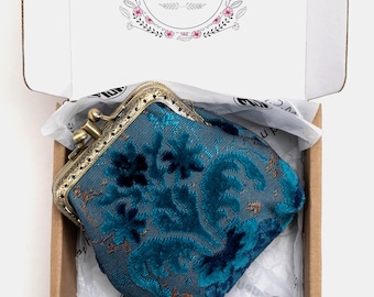 Handsewn Carpet Coin Purse-Vintage Double Kiss Lock Wallet-Ball Snap Clasp Pouch Bag-Gift for Her-Ready to Gift-Burnout Velvet Revival Aqua