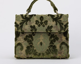 Handcrafted Carpetbag-Top Handle Bag-Satchel with front Flap-Shoulder Bag-Burnout Velvet Fern Green