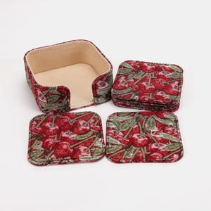 Square Carpet Fabric Coasters–Hand Sewn Coasters-6 Pieces Set with Holder-Cherry Cascade