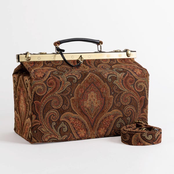 Gladstone Bag-Carpet Doctor Bag-Victorian Weekender Bag-Shoulder Frame Bag-Genevieve Damask D. Brown
