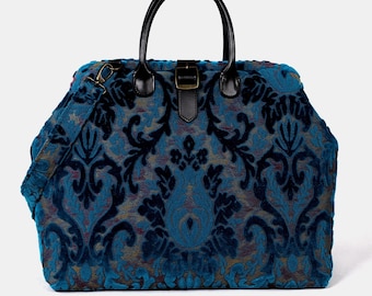Handgefertigte Mary Poppins Tasche-Teppich Weekender-Teppich Reisetasche-Duffel Bag-Burnout Samt Aqua