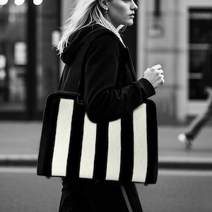 Borsa da viaggio artigianale - Borsa da lavoro per donna - Borsa da lavoro vintage per laptop - Borsa multiscomparto per laptop, cartelle - Beetlejuice bianco e nero