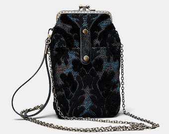 Handsewn Carpet Phone Case Passport Holder-Vintage Double Kiss Lock Phone Bag-Vintage Travel Phone Pouch- Burnout Velvet Black