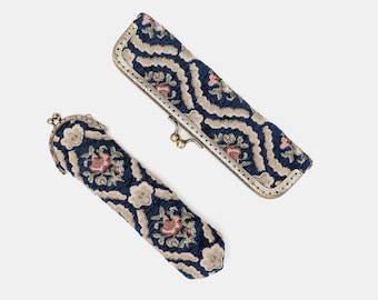 Vintage Fountain Pen Case-Solo & Duo-Handmade-Carpet Pen Pouch-Kiss Lock Holder-Gift for Writers-Traditional Blue