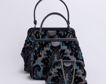 Carpet Bag-Alma Collection Carpet Purse-Everyday Carry Shoulder Bag - Top Handle Handbag - Clutch Evening Bag - Burnout Velvet Black