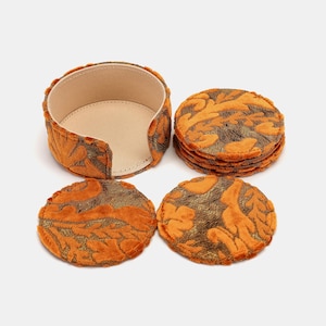 Round Carpet Fabric Coasters–Hand Sewn Coasters-6 Pieces Set with Holder-Burnout Velvet Orange