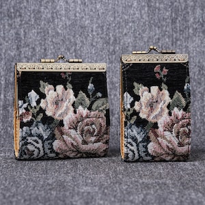 Cartera con 11 y 17 ranuras para tarjetas, billetera de alfombra cosida a mano, bolsa de identificación vintage con cierre de beso, tarjetero con cierre, regalo para ella, lista para regalar, diseño floral negro