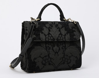 Handcrafted Carpetbag-Top Handle Bag-Satchel with Front Flap-Shoulder Bag-Victorian Blossom Black/Black