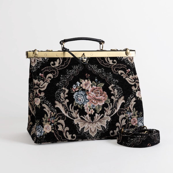 Gladstone Bag-Carpet Doctor Bag-Victorian Weekender Bag-Shoulder Frame Bag-Celine Floral Black