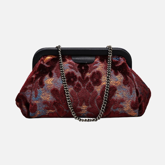 Handsewn Carpet Clutch-Vintage Evening Bag-Frame Bag-Chain Purse -Burnout Velvet Wine