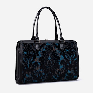 Handgefertigte Teppichtasche-Frauen Business Tote-Laptop Arbeitstasche-Multi-Fächer Carryall für Laptop, Ordner Schreibwaren-Burnout Velvet Schwarz