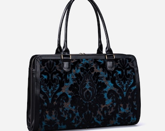 Handcrafted Carpetbag-Women Business Tote-Laptop Work Bag-Multi-Compartments Carryall for Laptop, Folders & Stationery-Burnout Velvet Black