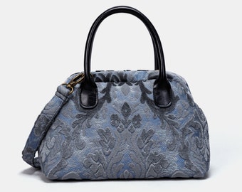 Carpet Satchel-Mary Poppins Carpet Bag-Everyday Carry Crossbody Bag-Burnout Velvet Steel Blue