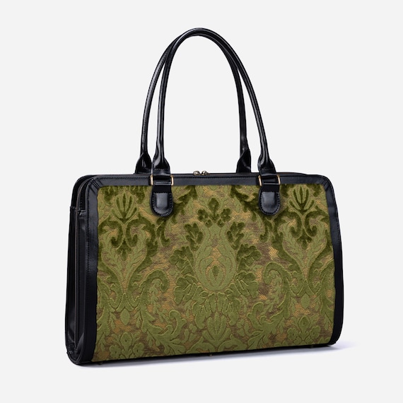 Handcrafted Carpetbag-Women Business Tote-Work Bag-Multi-Compartments Carryall for Laptop, Folders & Stationery-Burnout Velvet Fern Green