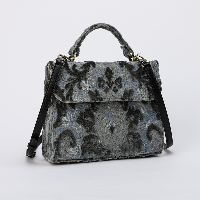Handcrafted Carpetbag-Top Handle Bag-Satchel with front Flap-Shoulder Bag-Burnout Velvet Steel Blue overview