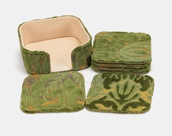 Posavasos cuadrados de tela de alfombra, cosidos a mano, juego de 6 piezas con soporte, terciopelo desgastado, verde helecho.