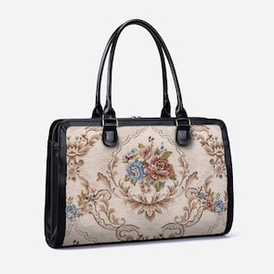 Borsa da viaggio artigianale - Borsa da lavoro da donna - Borsa da lavoro vintage per laptop - Borsa multiscomparto per laptop, cartelle e cancelleria - Crema floreale