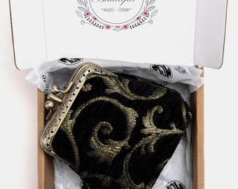 Handsewn Carpet Coin Purse-Vintage Double Kiss Lock Wallet-Ball Snap Clasp Pouch -Vintage Scroll Black/Green