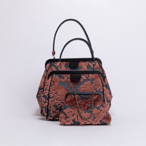 Carpet Bag-Alma Collection Purse-Everyday Carry Shoulder Bag-Top Handle Handbag-Clutch Evening Bag-Burnout Velvet St Tropez Scuba Coral