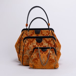 Carpet Bag-Alma Collection Carpet Purse-Everyday Carry Shoulder Bag - Top Handle Handbag - Clutch Evening Bag - Burnout Velvet Orange