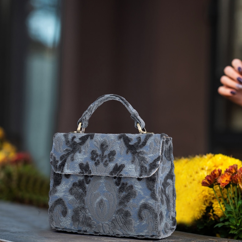 Handcrafted Carpetbag-Top Handle Bag-Satchel with front Flap-Shoulder Bag-Burnout Velvet Steel Blue handle