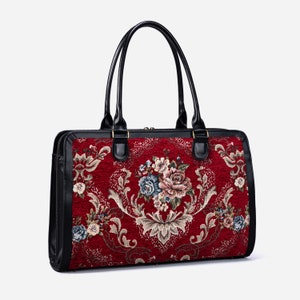 Borsa da viaggio artigianale - Borsa da lavoro da donna - Borsa da lavoro vintage per laptop - Borsa multiscomparto per laptop, cartelle e cancelleria - Rosso floreale