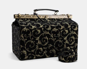 Gladstone Bag-Carpet Doctor Bag-Victorian Weekender Bag-Shoulder Frame Bag-Genevieve Vintage Scroll Black Green