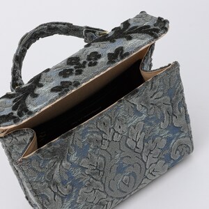 Handcrafted Carpetbag-Top Handle Bag-Satchel with front Flap-Shoulder Bag-Burnout Velvet Steel Blue open