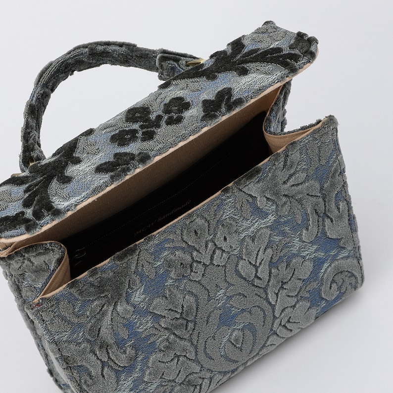 Handcrafted Carpetbag-Top Handle Bag-Satchel with front Flap-Shoulder Bag-Burnout Velvet Steel Blue open