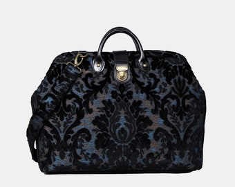 Handsewn Carpet Work Bag-Laptop Brief Case-Vintage Work Tote-Travel Shoulder Bag-Burnout Velvet Black