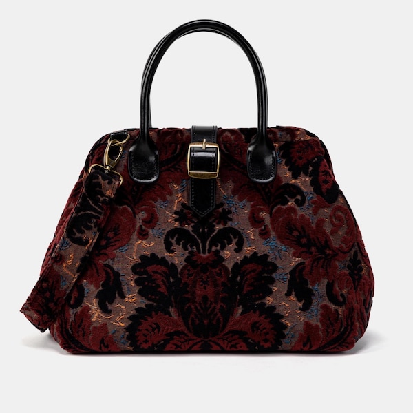 Handsewn Carpet Purse-Mary Poppins Carpet Bag-Everyday Carry Shoulder Bag- Burnout Velvet Revival Sephia