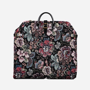 Carpet Carry-On Foldable Garment Bag-Elegant Travel Bag with Organizer Pockets for Dresses,Suits & Accessories- Rose Garden Black