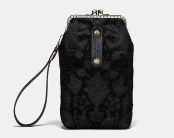 Handsewn Carpet Phone Case Passport Holder-Vintage Double Kiss Lock Phone Bag-Vintage Travel Phone Pouch-VictorianI Blossom Black/Black