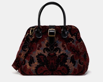 Handsewn Carpet Purse-Mary Poppins Carpet Bag-Everyday Carry Shoulder Bag- Burnout Velvet Revival Sephia