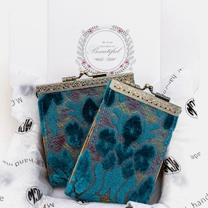 11 & 17 Kartenfächer Geldbörse-Handgenähter Teppich Geldbeutel-Vintage Kiss Lock ID Beutel-Verschluss Kartenhalter-Geschenk für Sie-Bereit zum Geschenk-Samt Aqua Blau