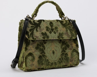 Handcrafted Carpetbag-Top Handle Bag-Satchel with front Flap-Shoulder Bag-Burnout Velvet Fern Green