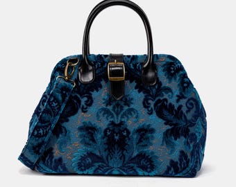 Ręcznie szyta torebka dywanowa – Mary Poppins Carpet Bag – torba na ramię do noszenia na co dzień – Burnout Velvet Revival Aqua