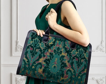 Handcrafted Carpetbag-Women Business Tote-Work Bag-Multi-Compartments Carryall for Laptop, Folders & Stationery-Burnout Velvet Jade Green