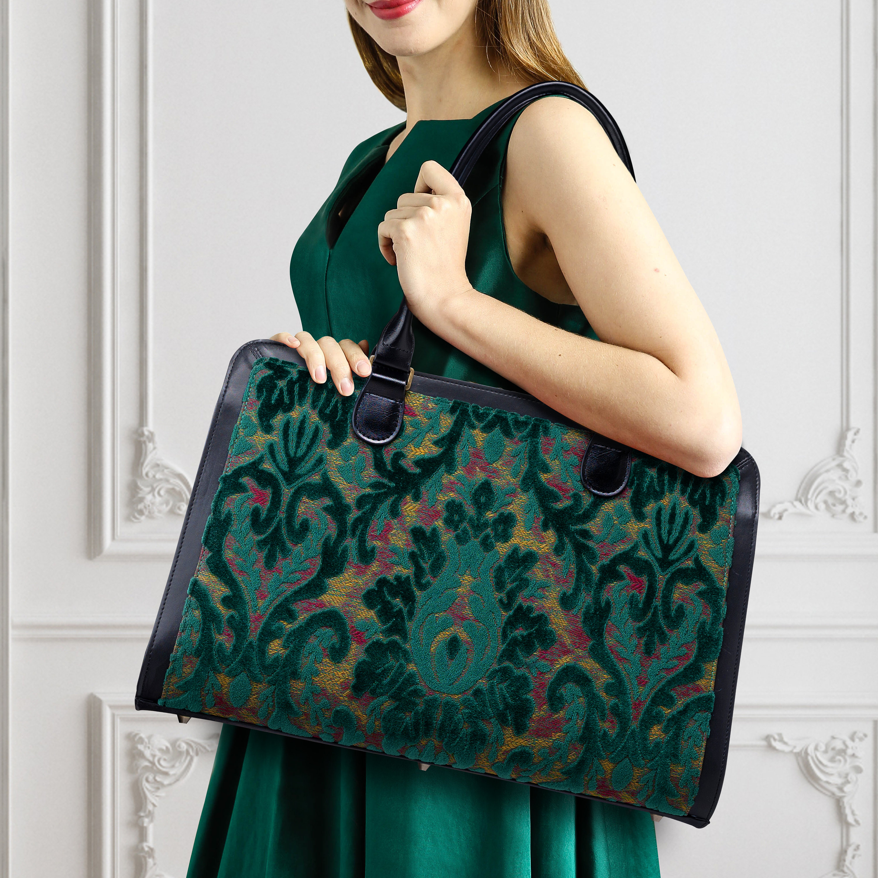 Handcrafted Carpetbag-Women Business Tote-Work Bag-Multi-Compartments Carryall for Laptop, Folders & Stationery-Burnout Velvet Jade Green