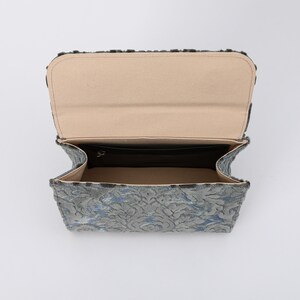 Handcrafted Carpetbag-Top Handle Bag-Satchel with front Flap-Shoulder Bag-Burnout Velvet Steel Blue inside