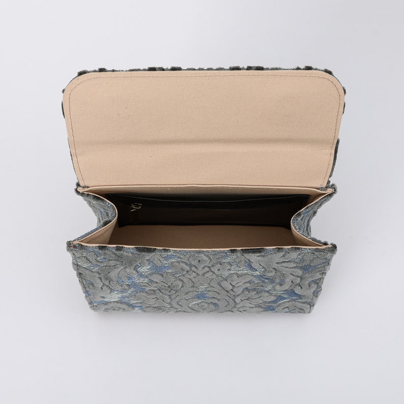 Handcrafted Carpetbag-Top Handle Bag-Satchel with front Flap-Shoulder Bag-Burnout Velvet Steel Blue inside