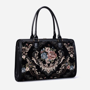 Borsa da viaggio artigianale - Borsa da lavoro da donna - Borsa da lavoro vintage per laptop - Borsa multiscomparto per laptop, cartelle e cancelleria - Nero floreale