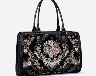 Handcrafted Carpetbag-Women Business Tote-Vintage Laptop Work Bag-Multi-Compartments Carryall for Laptop, Folders & Stationery-Floral Black