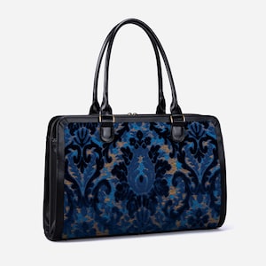 Handgefertigte Teppichtasche-Frauen Business Tote-Laptop Arbeitstasche-Multi-Fächer Carryall für Laptop, Ordner Schreibwaren-Burnout Velvet Navy