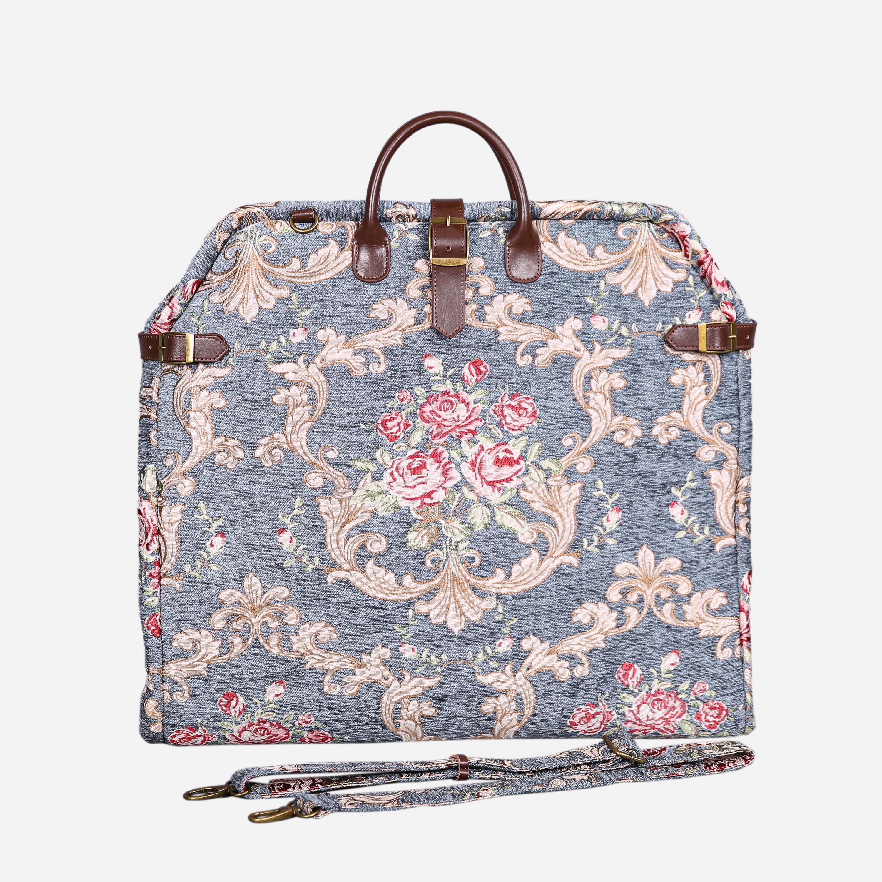 Carpet Carry-On Foldable Garment Bag- Elegant Travel Bag with Organizer Pockets for Dresses, Suits & Accessories- Baroque Garden Grey