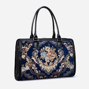 Handgefertigte Teppichtasche-Frauen Business Tote-Vintage Laptop Arbeitstasche-Multi-Fächer Carryall für Laptop, Ordner und Schreibwaren-Floral Blau