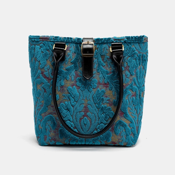 Handsewn Carpet Tote Bag-Everyday Carry Bag-Shoulder Bag- Burnout Velvet Aqua Blue