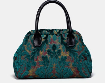 Carpet Satchel-Mary Poppins Carpet Bag-Everyday Carry Crossbody Bag-Burnout Velvet Jade Green